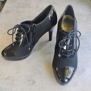 Impo Stretch Bootie Heels Womens 8.5M Black Pointed Toe Lace Up Witchy Goth